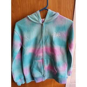 Calvin Klein Jeans Hoodie Girls L Large 14/16 Full Zip Tie Dye Green Pink‎ Teen